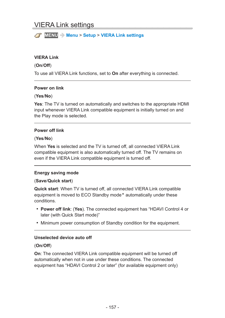 Viera link settings | Panasonic TC-60AS650U User Manual | Page 157 / 184