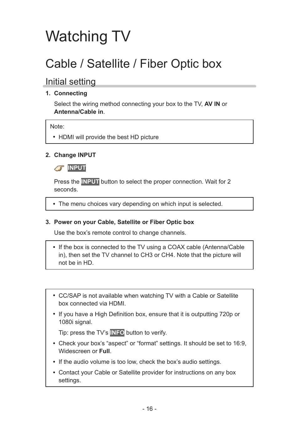 Watching tv, Cable / satellite / fiber optic box, Initial setting | Panasonic TC-60AS650U User Manual | Page 16 / 184