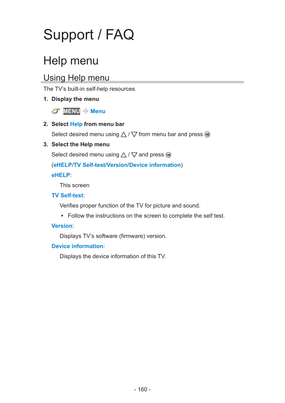 Support / faq, Help menu, Using help menu | Panasonic TC-60AS650U User Manual | Page 160 / 184