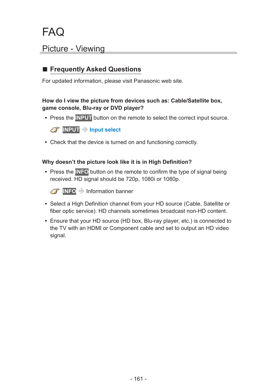 Picture - viewing, Frequently asked questions | Panasonic TC-60AS650U User Manual | Page 161 / 184
