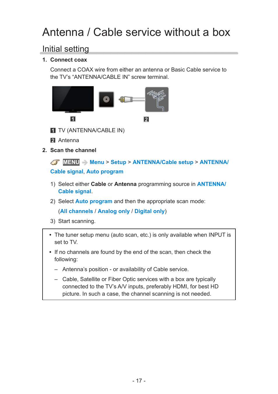 Antenna / cable service without a box, Initial setting | Panasonic TC-60AS650U User Manual | Page 17 / 184