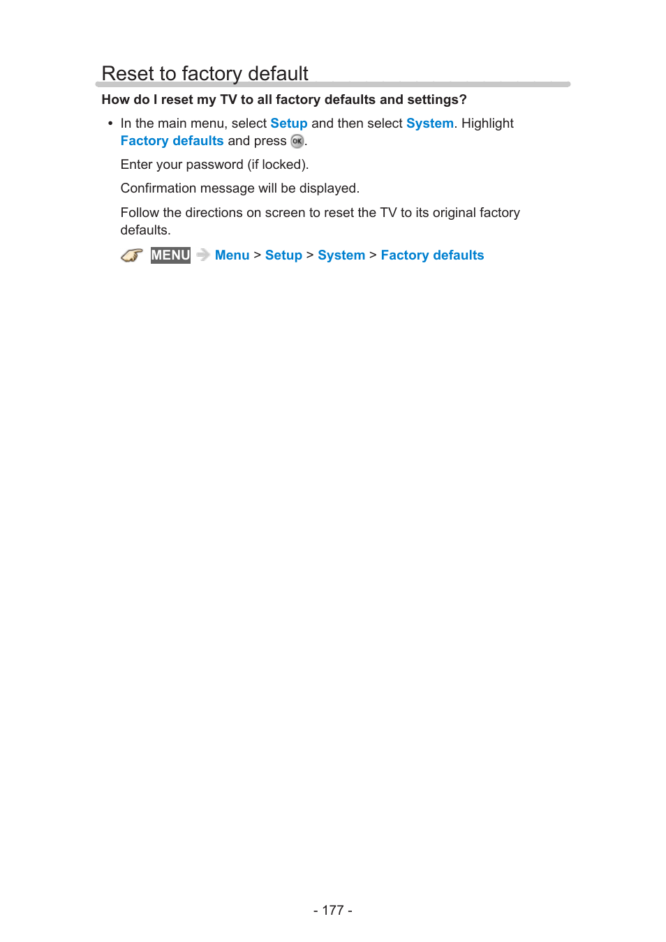 Reset to factory default | Panasonic TC-60AS650U User Manual | Page 177 / 184