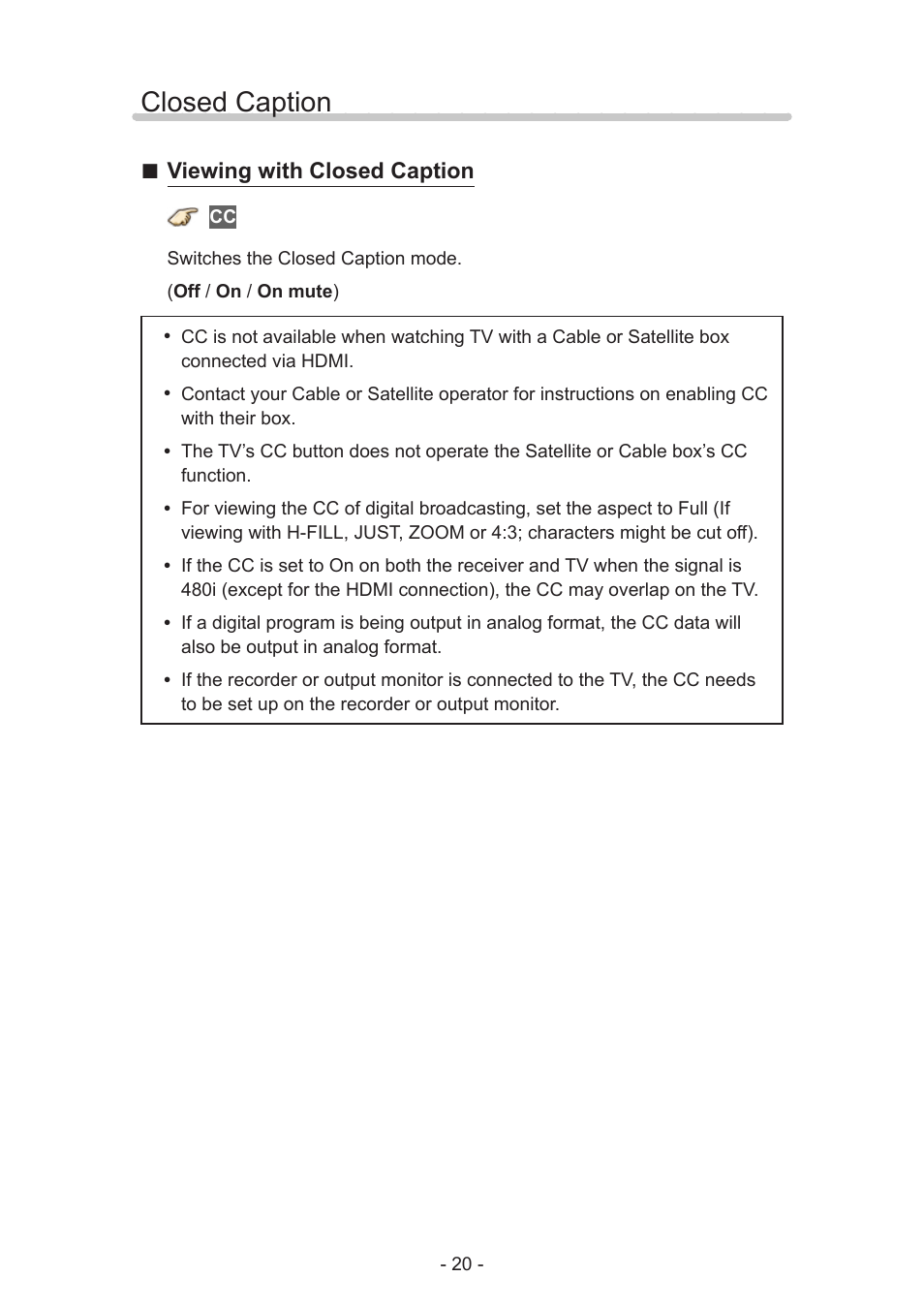 Closed caption, Closed caption 20, Viewing with closed caption | Panasonic TC-60AS650U User Manual | Page 20 / 184
