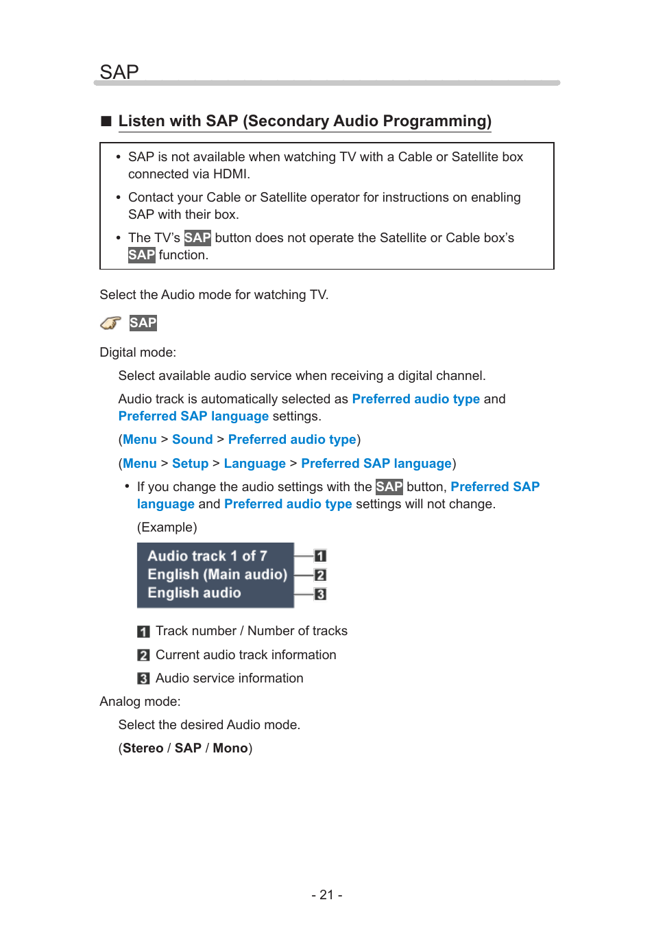 Sap 21, Listen with sap (secondary audio programming) | Panasonic TC-60AS650U User Manual | Page 21 / 184