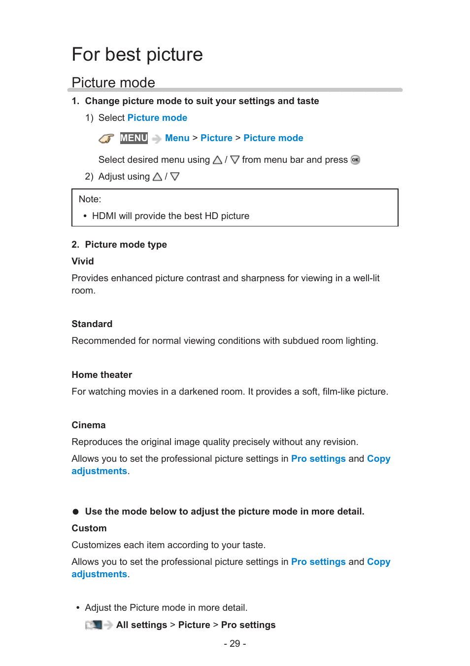 For best picture, Picture mode, Picture mode 29 | Panasonic TC-60AS650U User Manual | Page 29 / 184