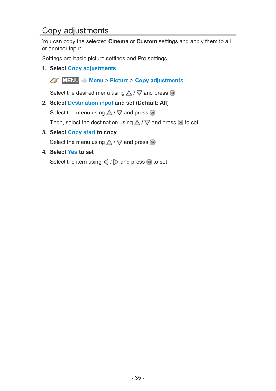 Copy adjustments | Panasonic TC-60AS650U User Manual | Page 35 / 184