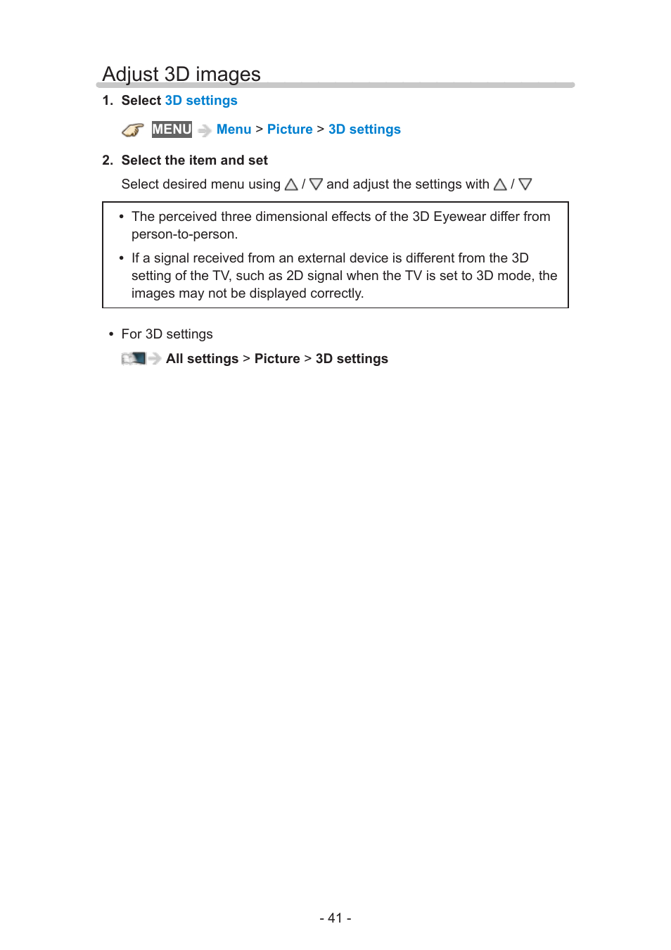 Adjust 3d images | Panasonic TC-60AS650U User Manual | Page 41 / 184