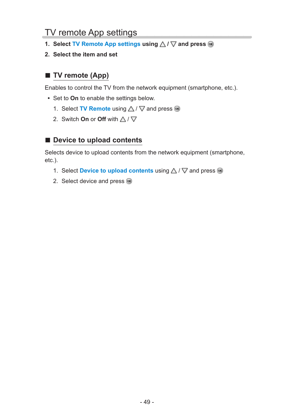 Tv remote app settings, Tv remote app settings 49 | Panasonic TC-60AS650U User Manual | Page 49 / 184