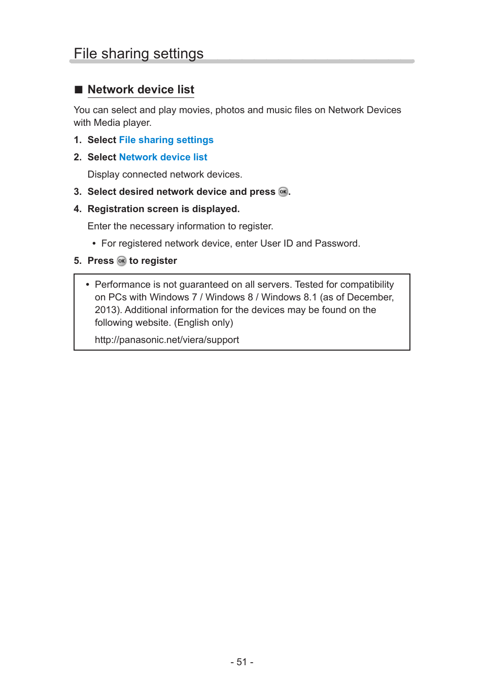 File sharing settings, Network device list | Panasonic TC-60AS650U User Manual | Page 51 / 184