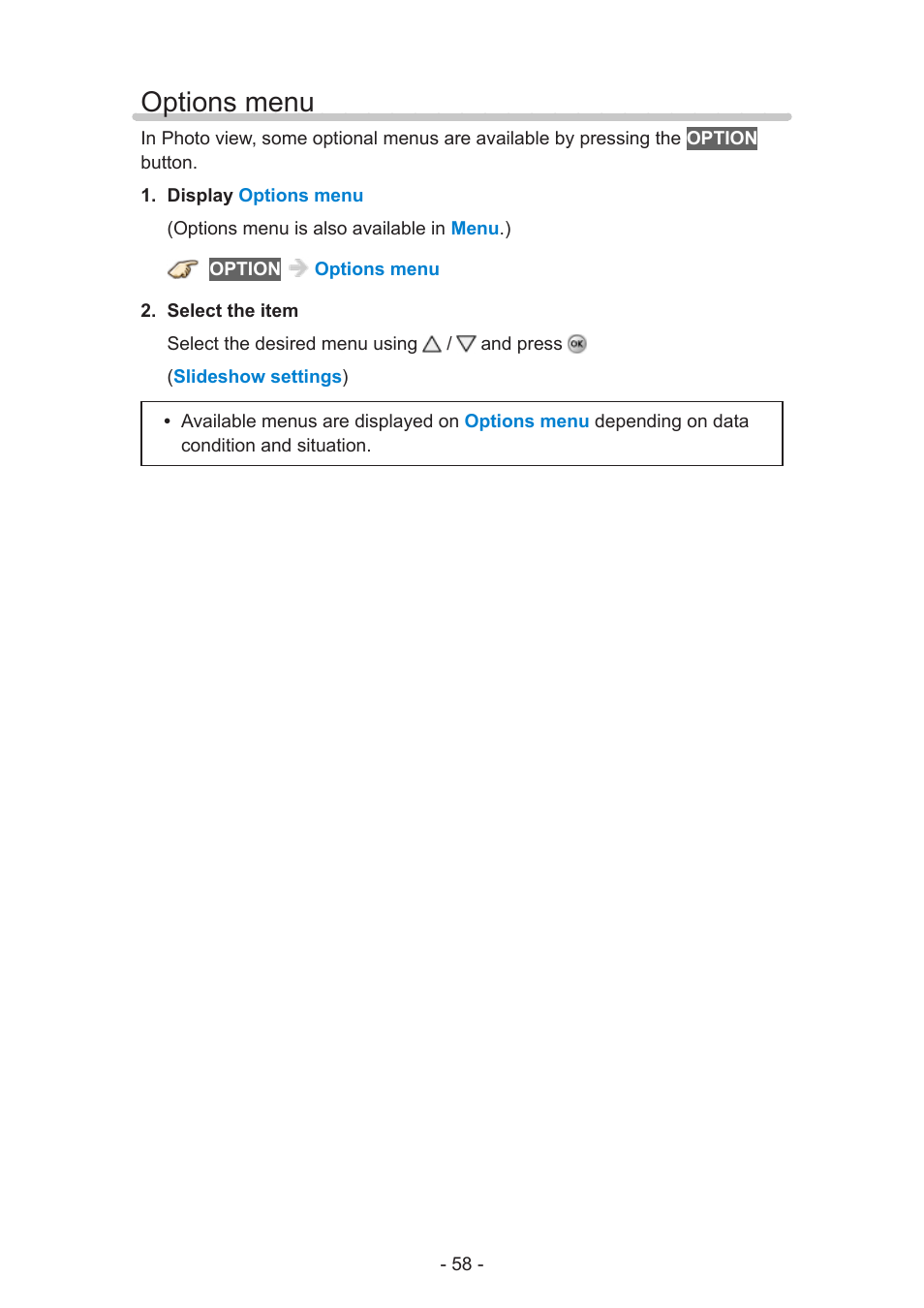 Options menu, Options menu 58 | Panasonic TC-60AS650U User Manual | Page 58 / 184