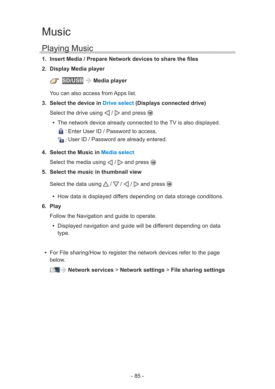 Music, Playing music | Panasonic TC-60AS650U User Manual | Page 85 / 184