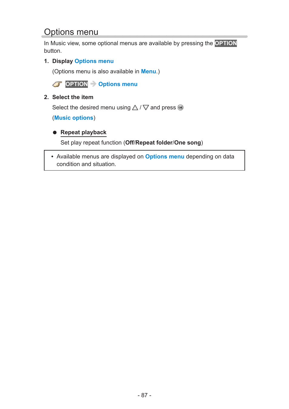 Options menu, Options menu 87 | Panasonic TC-60AS650U User Manual | Page 87 / 184