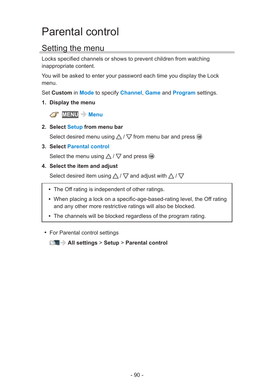 Parental control, Setting the menu | Panasonic TC-60AS650U User Manual | Page 90 / 184