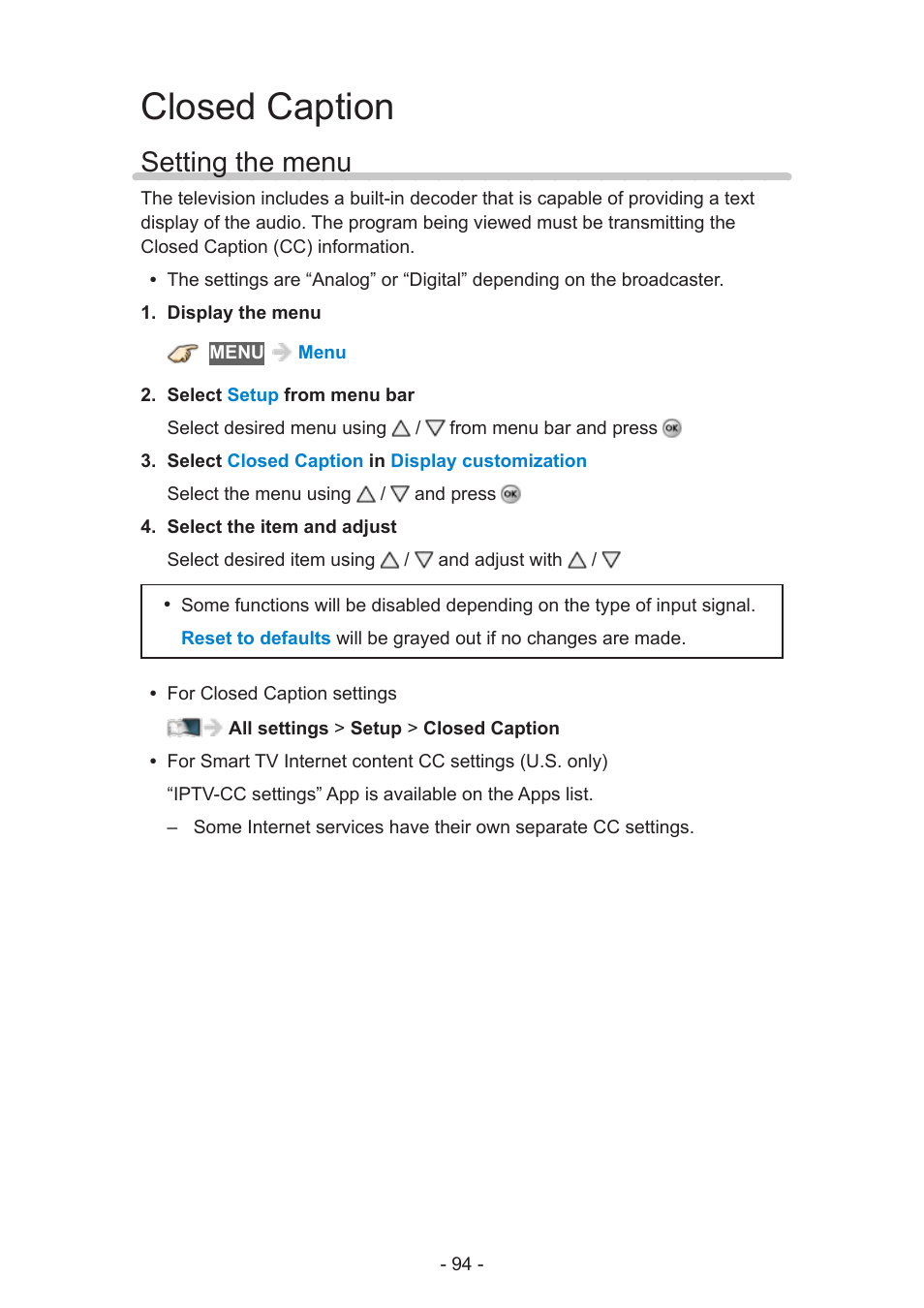 Closed caption, Setting the menu | Panasonic TC-60AS650U User Manual | Page 94 / 184