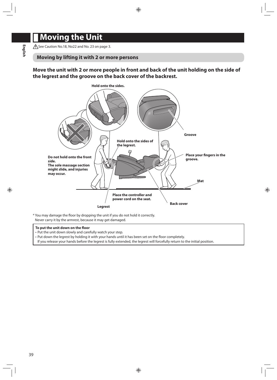 Moving the unit | Panasonic EP-MA70CX User Manual | Page 40 / 48
