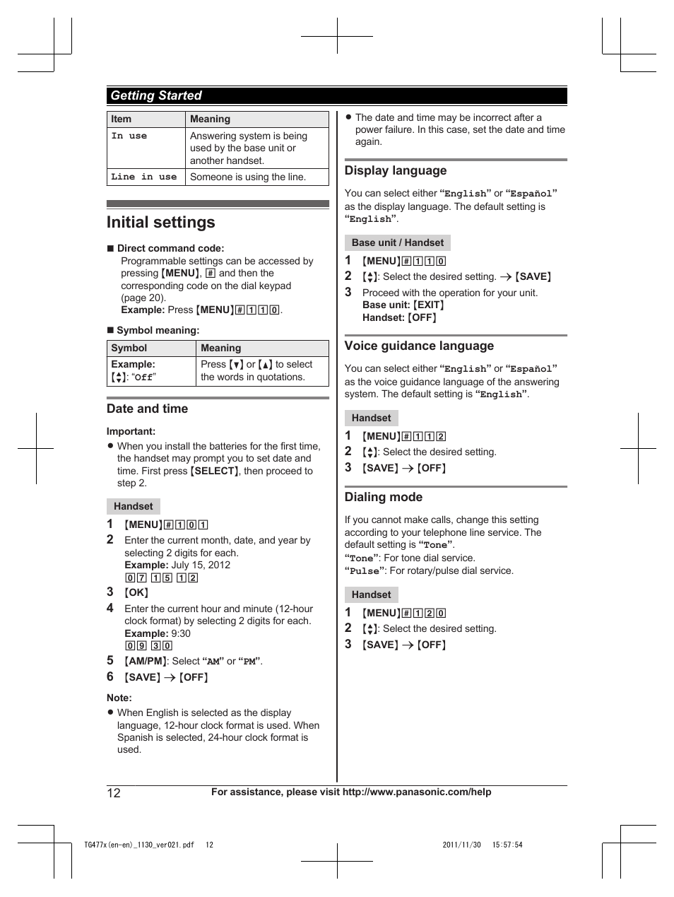 Initial settings | Panasonic KX-TG242SK User Manual | Page 12 / 56