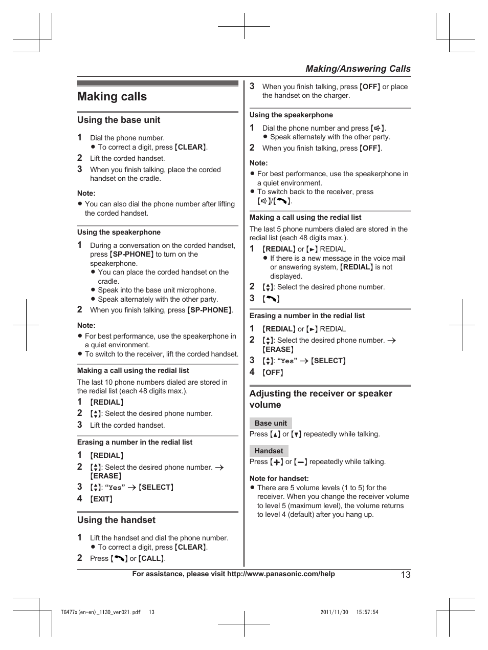 Making/answering calls, Making calls | Panasonic KX-TG242SK User Manual | Page 13 / 56