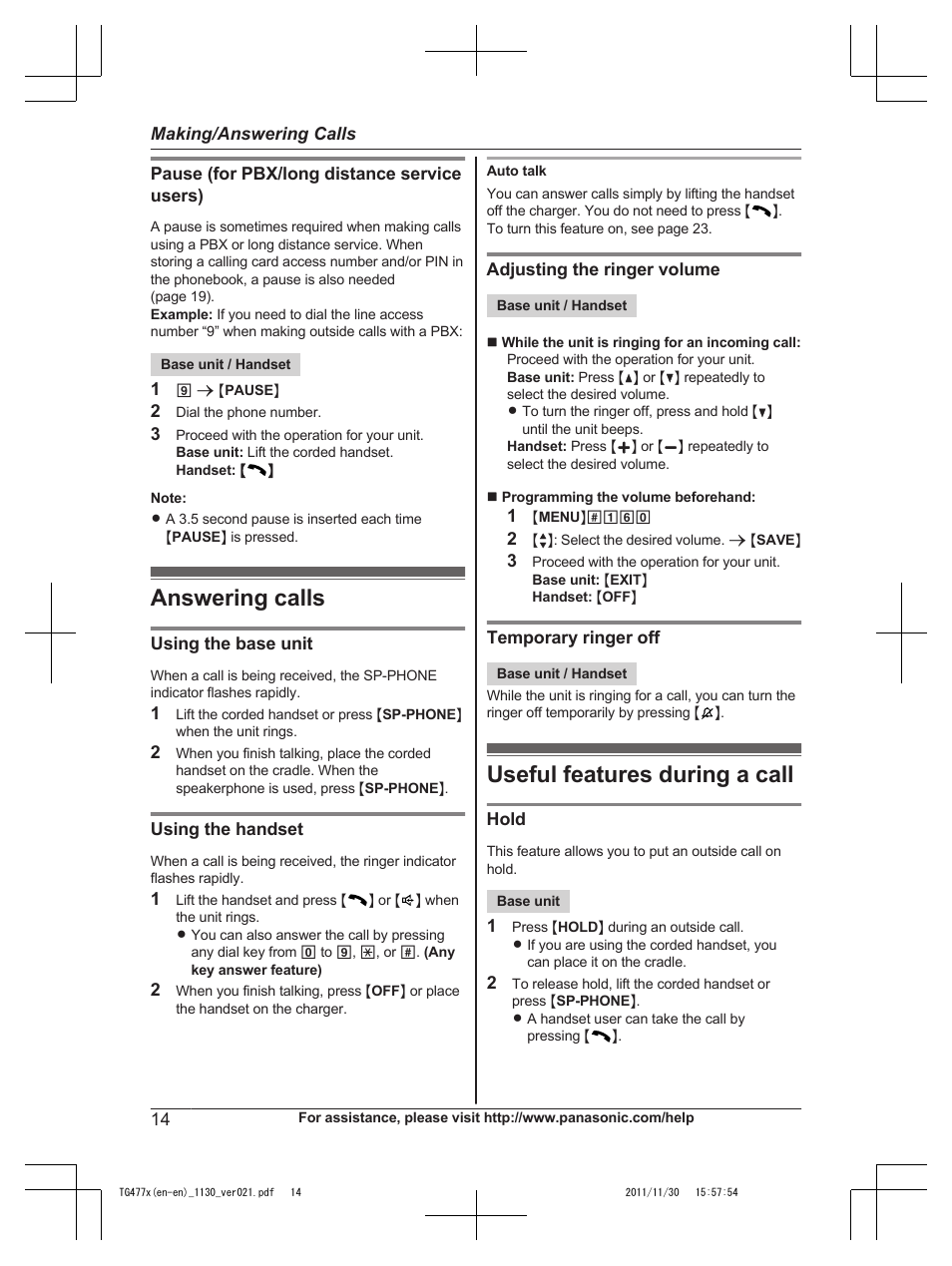 Answering calls, Useful features during a call, Answering calls useful features during a call | Panasonic KX-TG242SK User Manual | Page 14 / 56