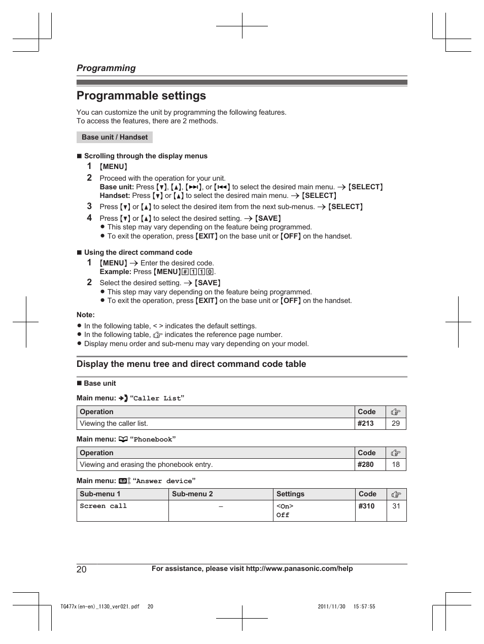 Programming, Programmable settings | Panasonic KX-TG242SK User Manual | Page 20 / 56