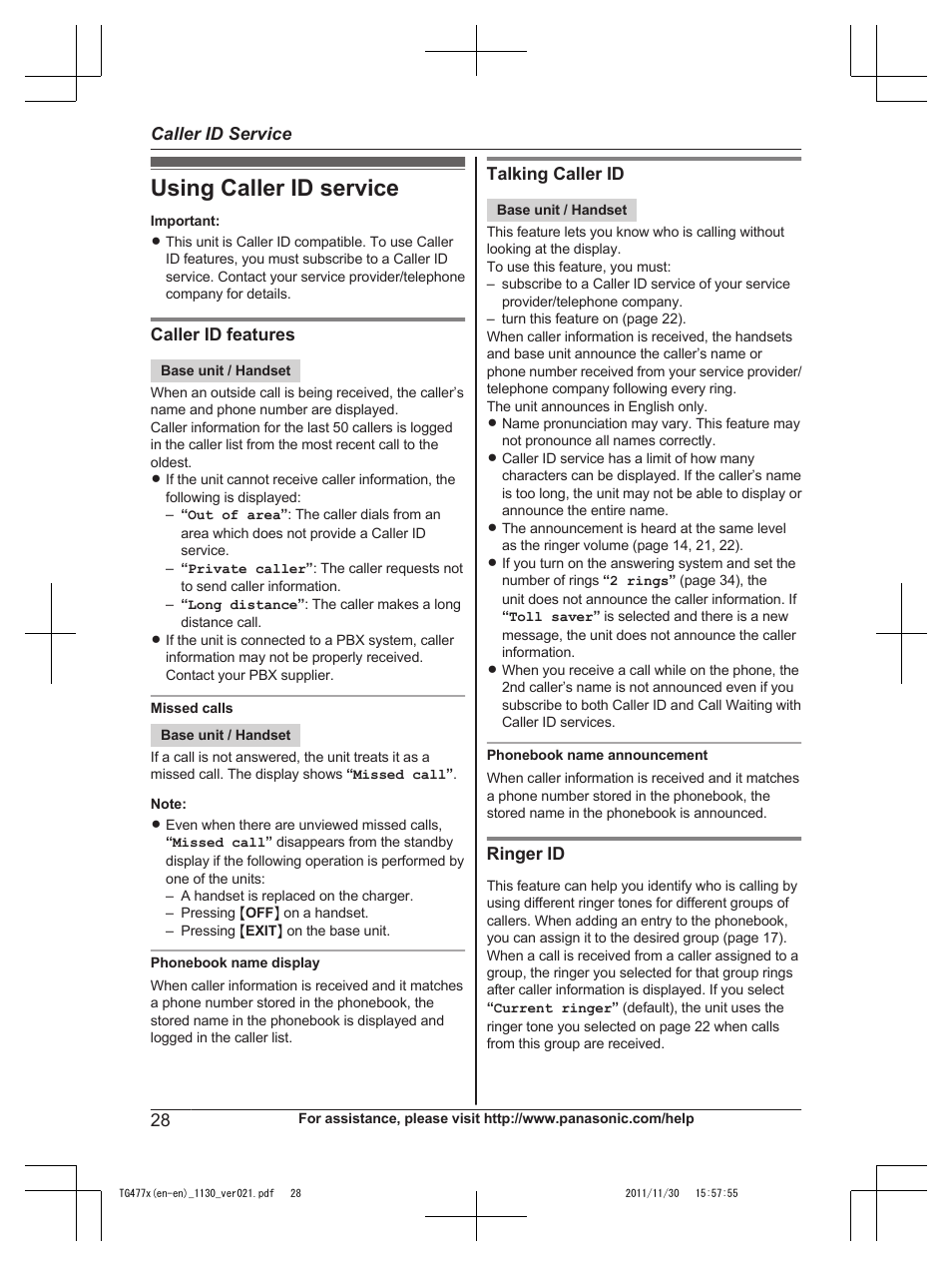 Caller id service, Using caller id service | Panasonic KX-TG242SK User Manual | Page 28 / 56