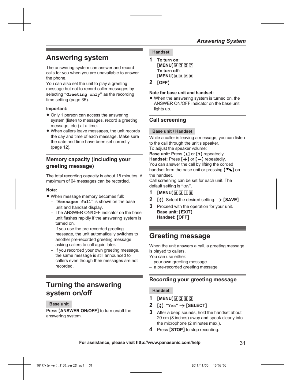Answering system, Turning the answering system on/off, Greeting message | Panasonic KX-TG242SK User Manual | Page 31 / 56