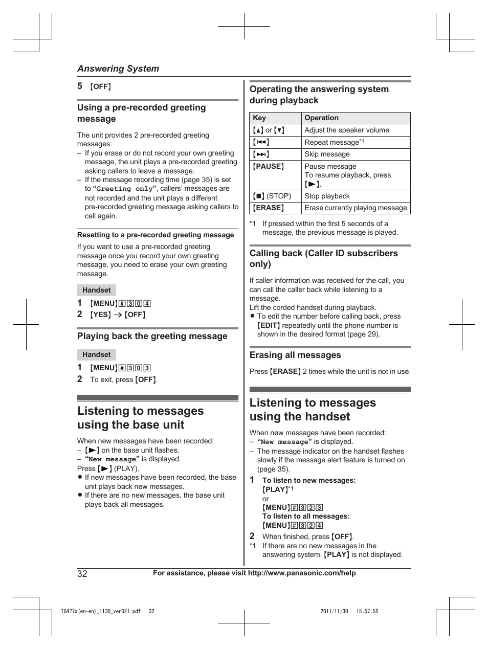 Listening to messages using the base unit, Listening to messages using the handset | Panasonic KX-TG242SK User Manual | Page 32 / 56