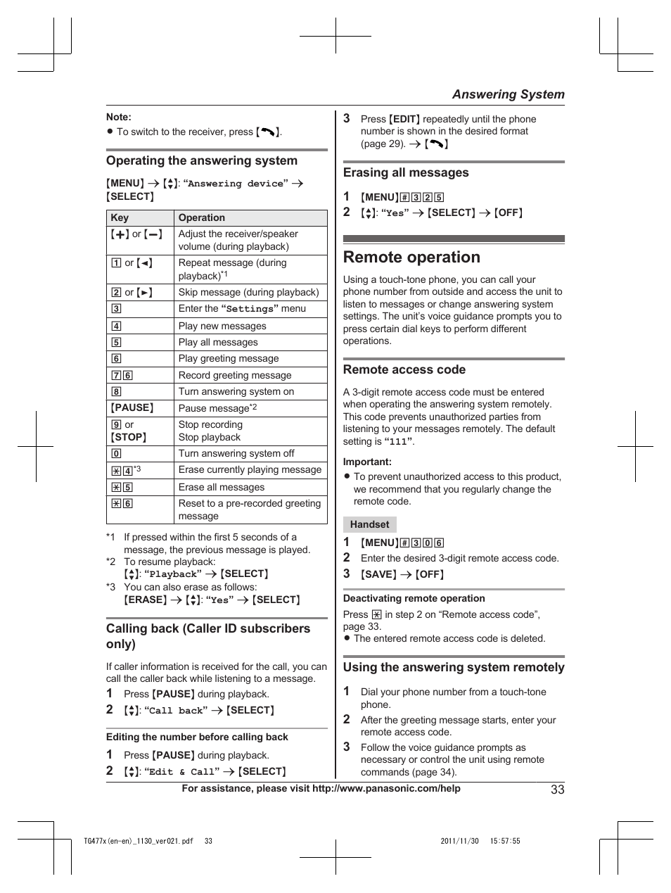 Remote operation | Panasonic KX-TG242SK User Manual | Page 33 / 56