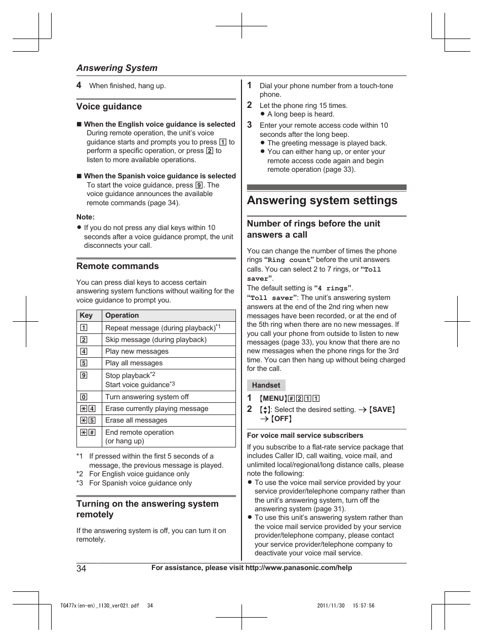 Answering system settings | Panasonic KX-TG242SK User Manual | Page 34 / 56