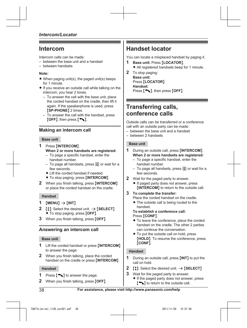 Intercom/locator, Intercom, Handset locator | Transferring calls, conference calls | Panasonic KX-TG242SK User Manual | Page 38 / 56
