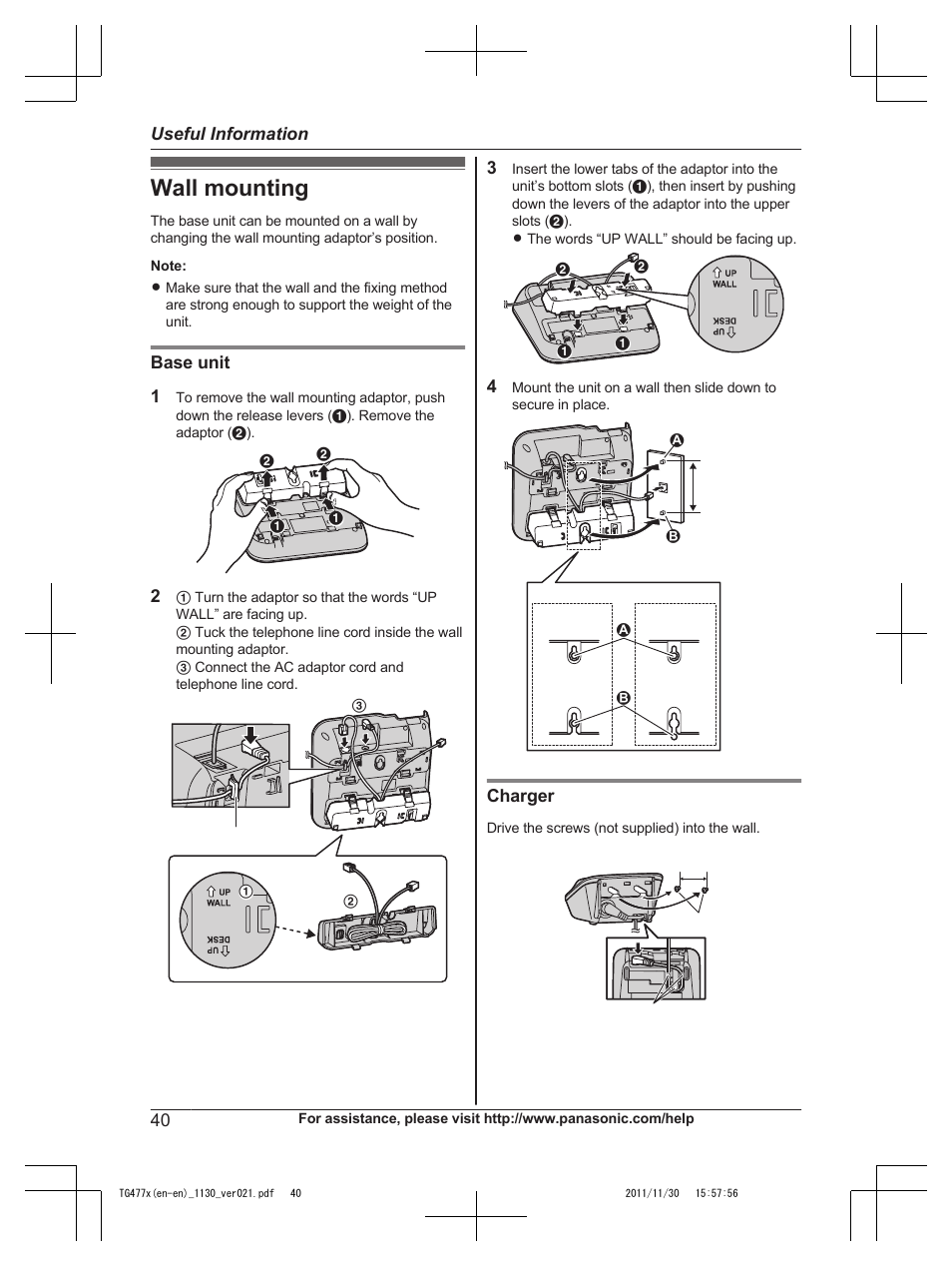 Useful information, Wall mounting | Panasonic KX-TG242SK User Manual | Page 40 / 56