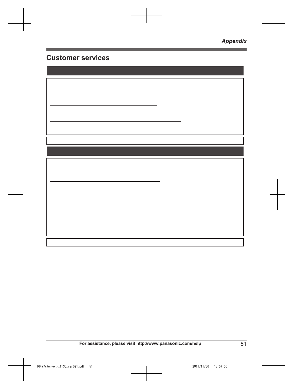 Appendix, Customer services | Panasonic KX-TG242SK User Manual | Page 51 / 56