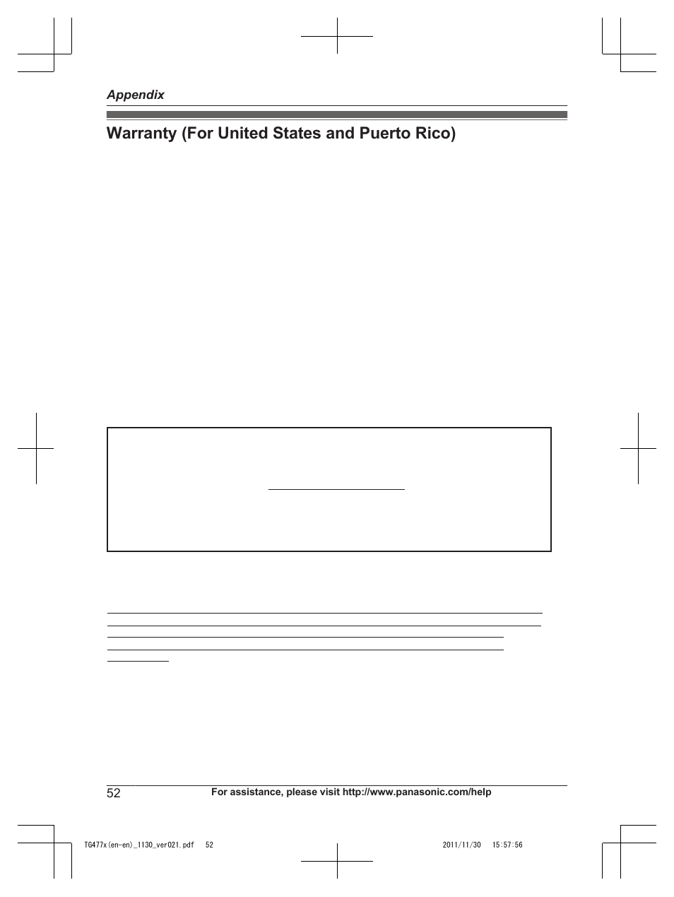 Warranty (for united states and puerto rico), Panasonic telephone products limited warranty | Panasonic KX-TG242SK User Manual | Page 52 / 56
