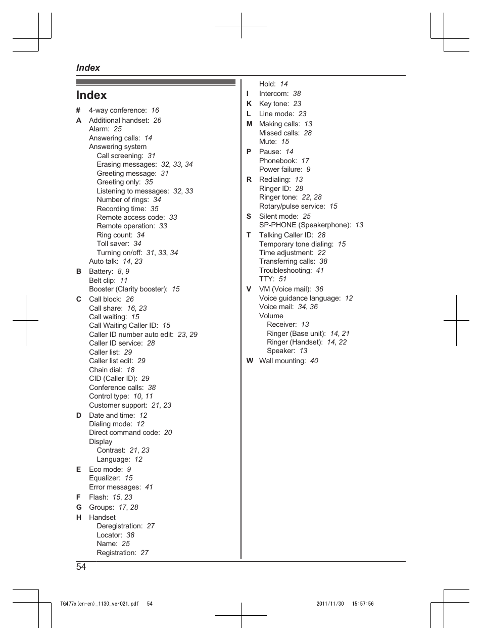 Index | Panasonic KX-TG242SK User Manual | Page 54 / 56