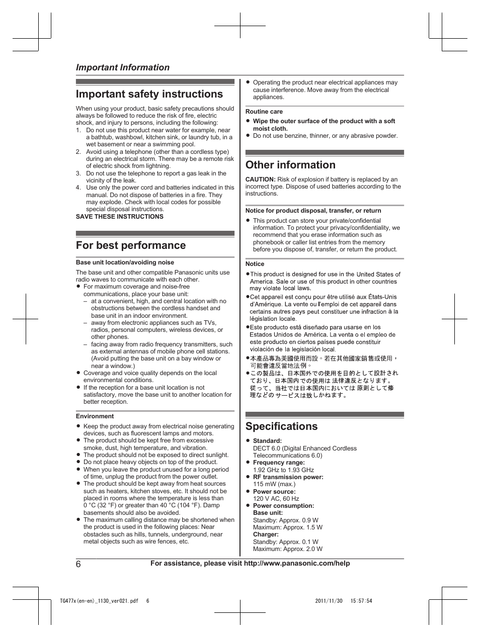 Important safety instructions, For best performance, Other information | Specifications, Important information | Panasonic KX-TG242SK User Manual | Page 6 / 56
