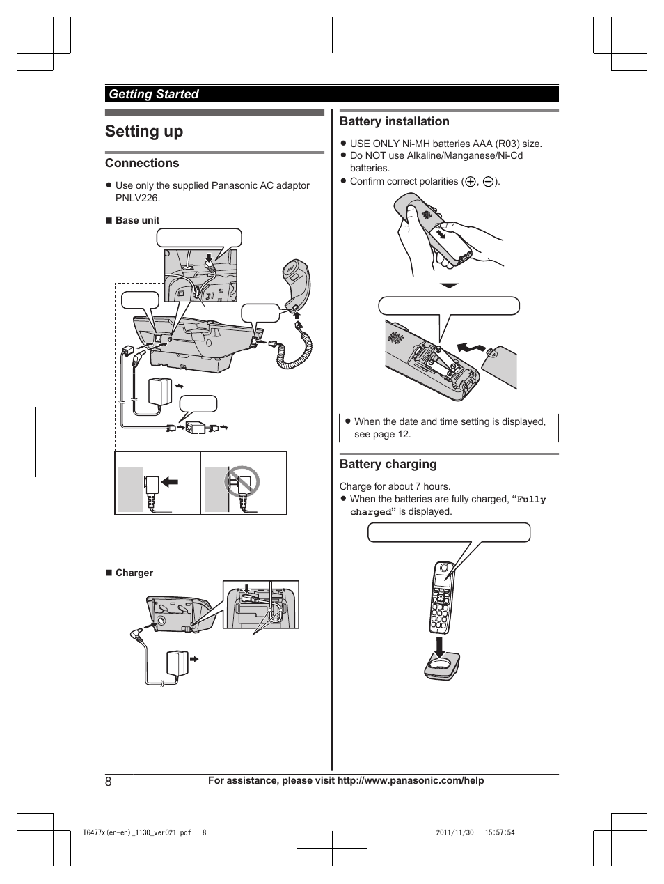 Getting started, Setting up | Panasonic KX-TG242SK User Manual | Page 8 / 56