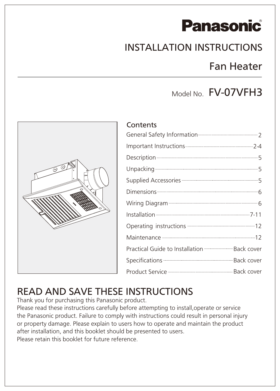 Panasonic FV-07VFH3 User Manual | 12 pages