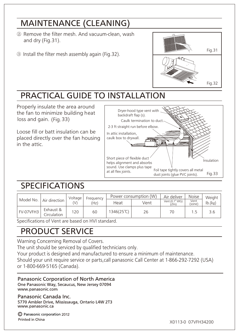 Maintenance (cleaning), Practical guide to installation, Specifications | Product service | Panasonic FV-07VFH3 User Manual | Page 12 / 12