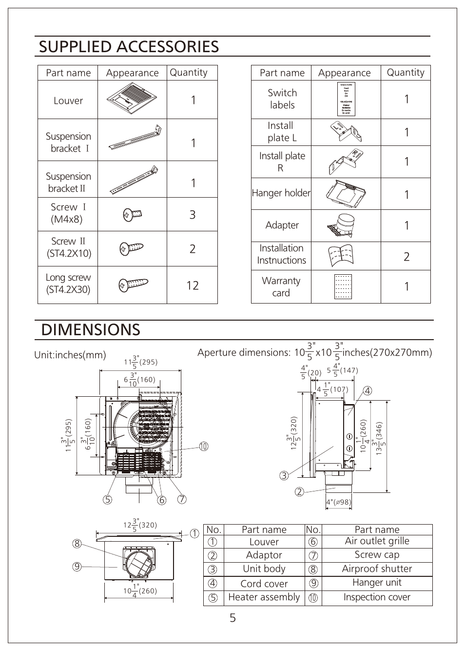 Supplied accessories, Dimensions | Panasonic FV-07VFH3 User Manual | Page 5 / 12