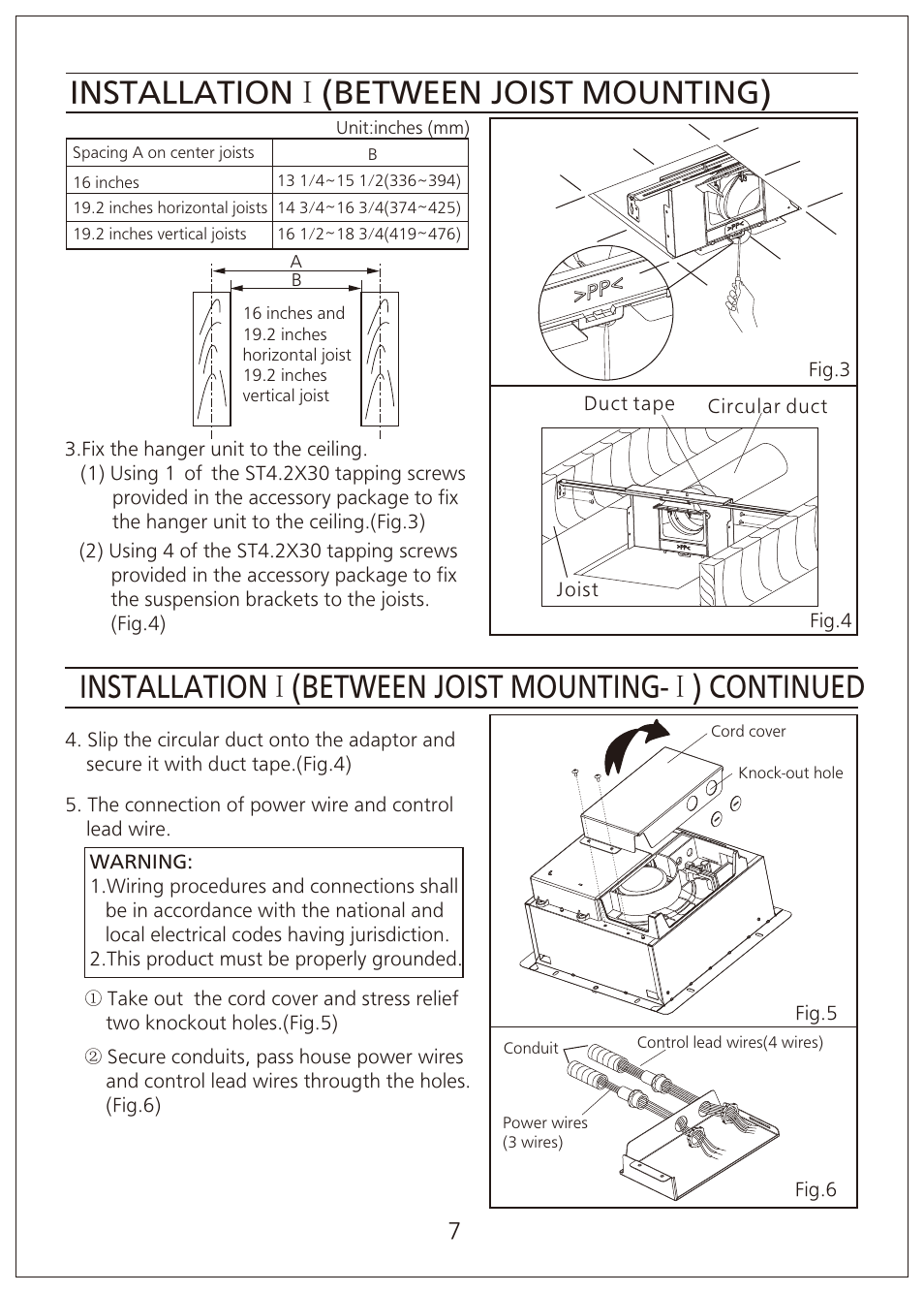 InstallationⅠ(between joist mounting), Installation joist mounting-Ⅰ) continued Ⅰ(between | Panasonic FV-07VFH3 User Manual | Page 7 / 12