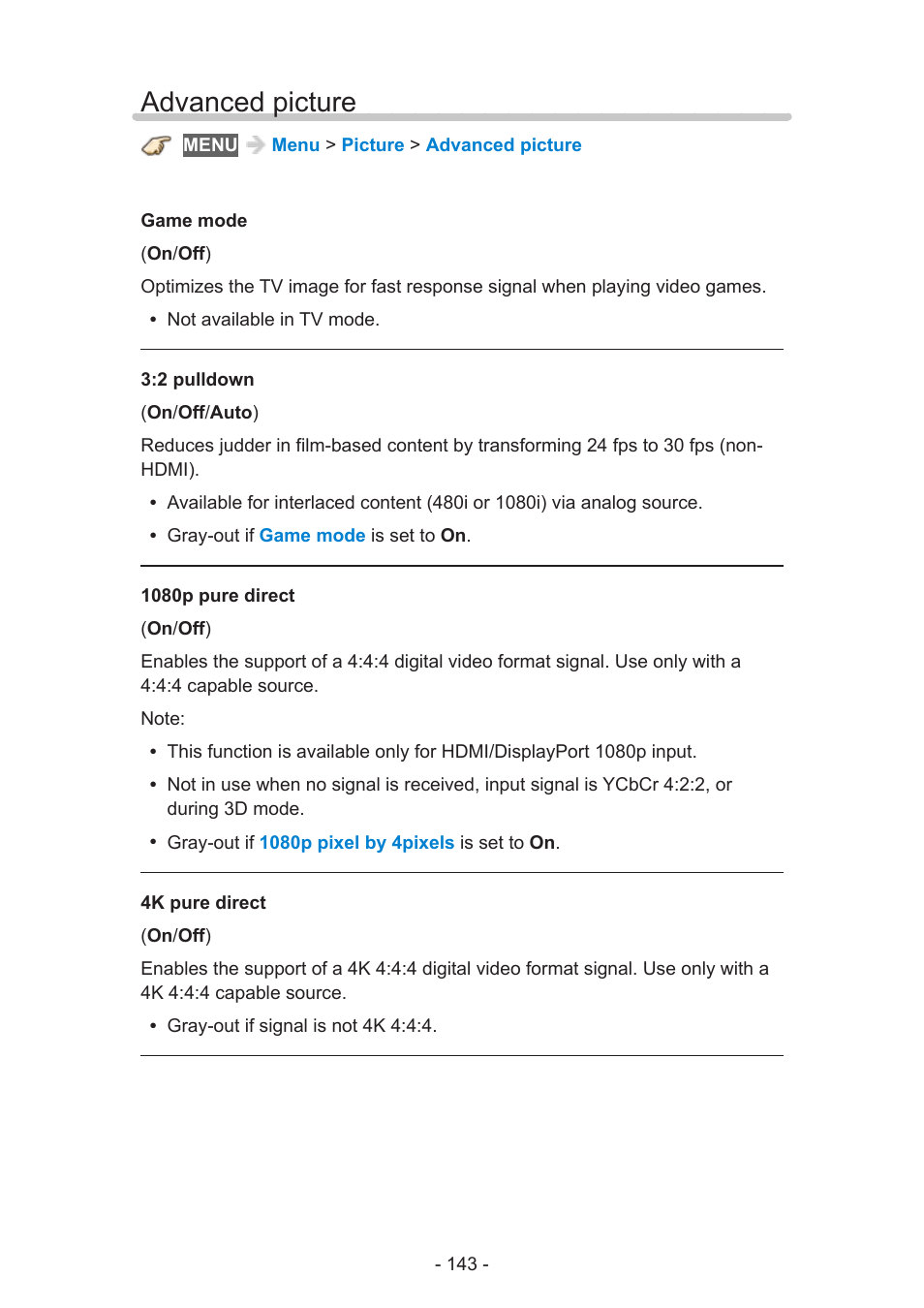 Advanced picture, Advanced picture 143 | Panasonic TC-58AX800U User Manual | Page 143 / 209