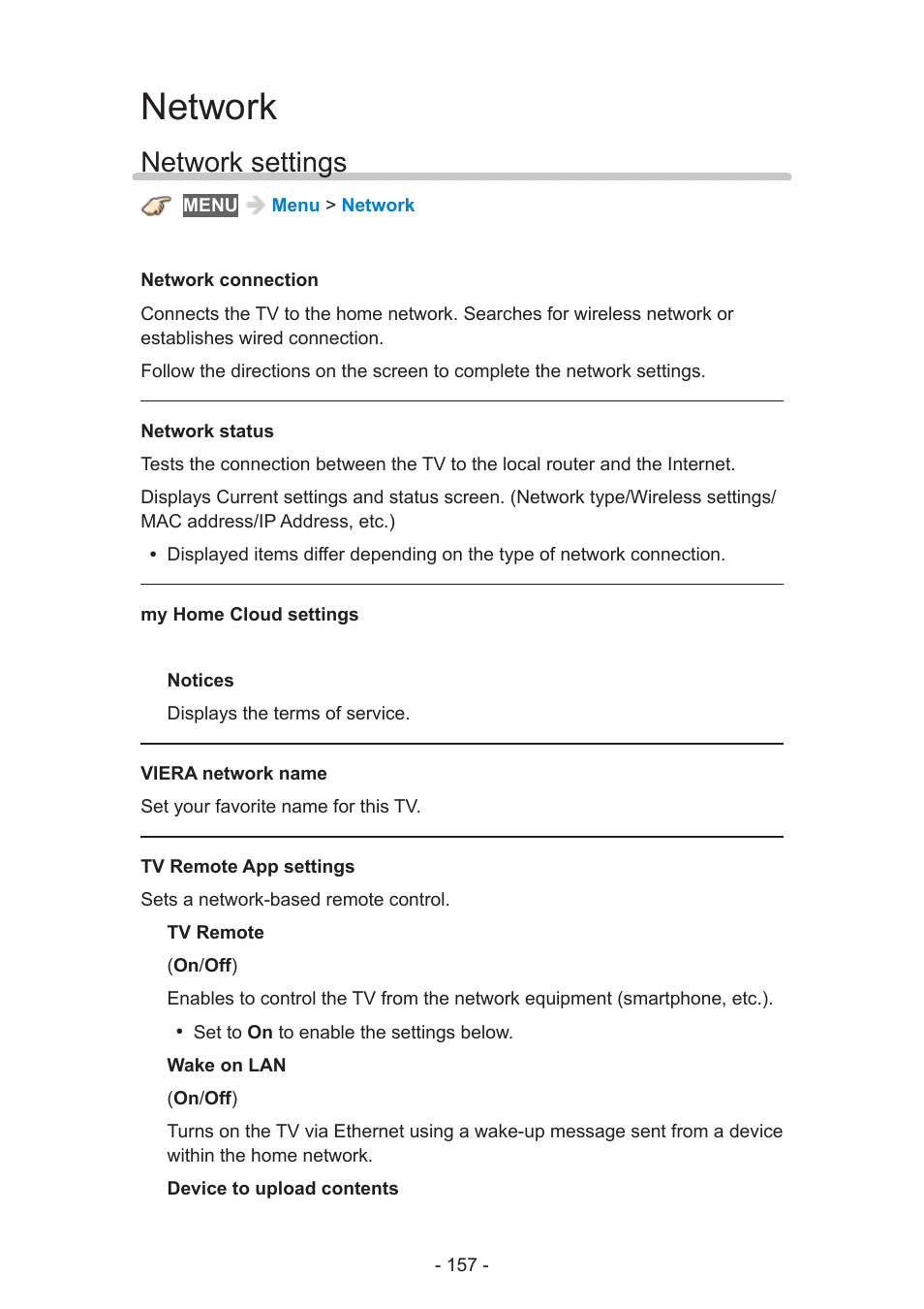 Network, Network settings | Panasonic TC-58AX800U User Manual | Page 157 / 209
