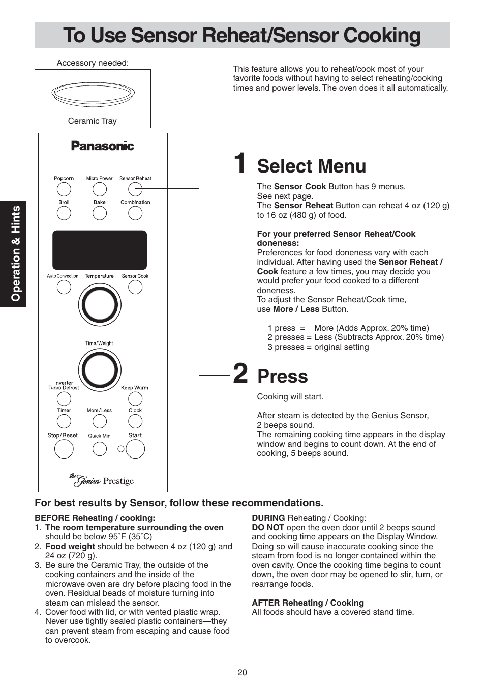 To use sensor reheat/sensor cooking, Press, Select menu | Panasonic NN-CD989S User Manual | Page 20 / 30