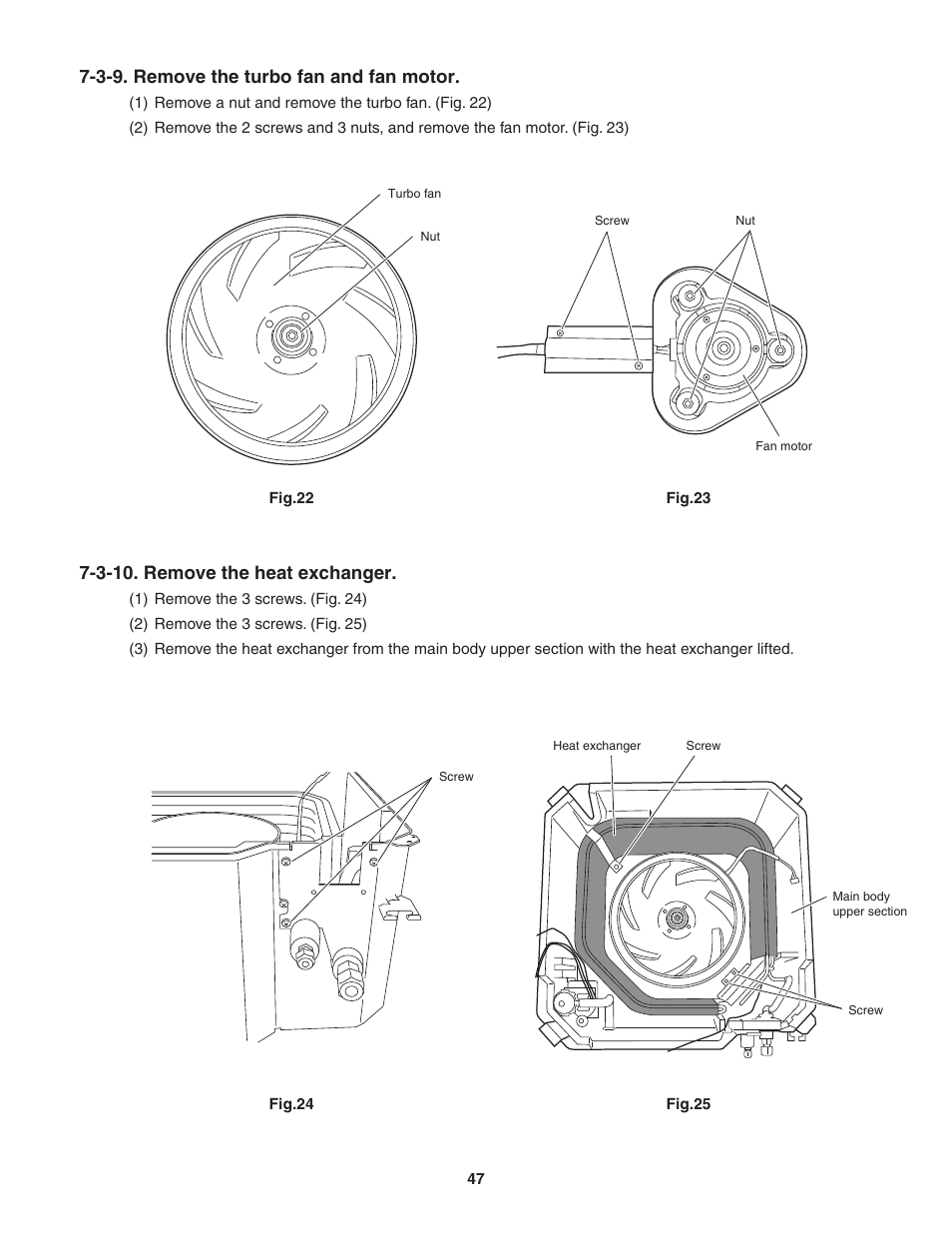 3-9. remove the turbo fan and fan motor, 3-10. remove the heat exchanger | Panasonic KS12NB41A User Manual | Page 47 / 69