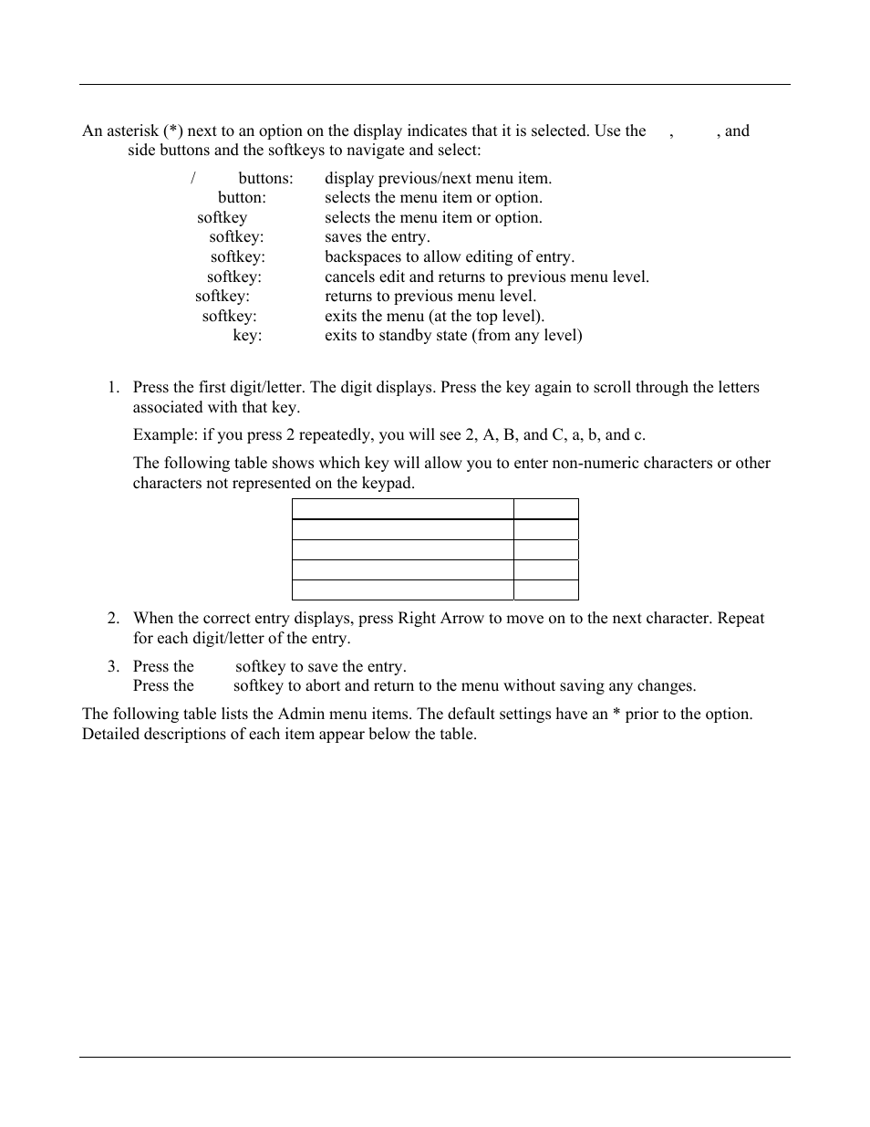 Entering and editing admin menu options, Alphanumeric string entry | Avaya 3600 User Manual | Page 19 / 64