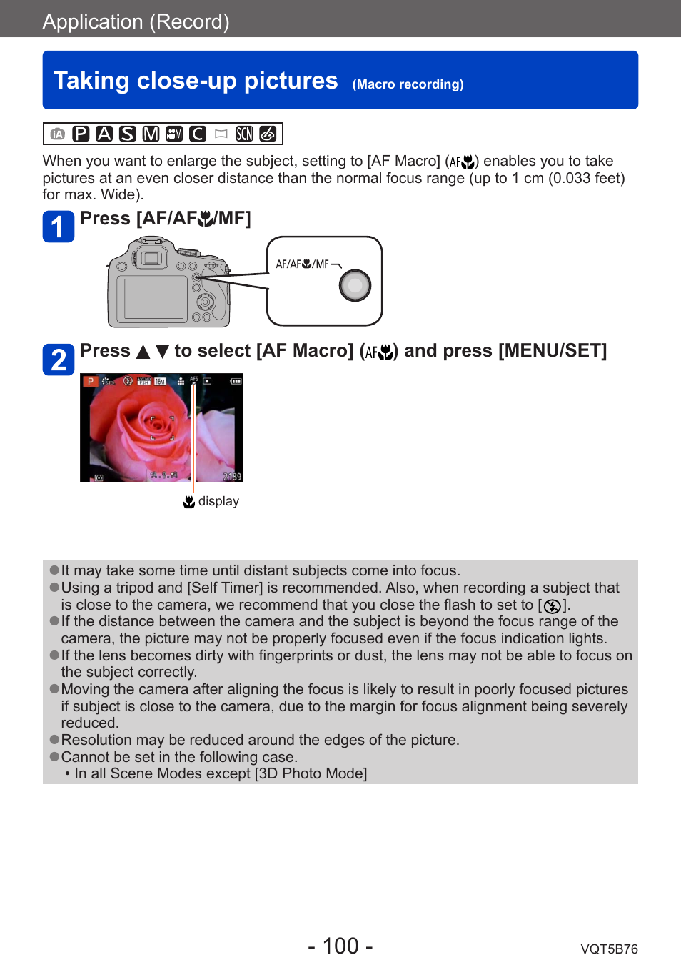 Taking close-up pictures (macro recording), Taking close-up pictures, Macro recording) | Panasonic DMC-FZ70K User Manual | Page 100 / 226