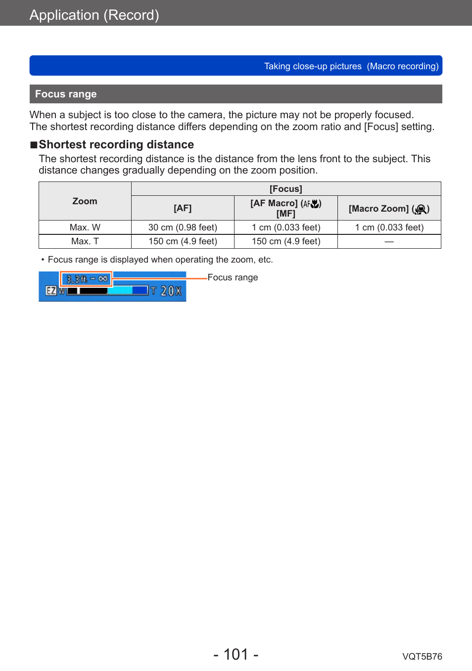 Focus range, Application (record) | Panasonic DMC-FZ70K User Manual | Page 101 / 226