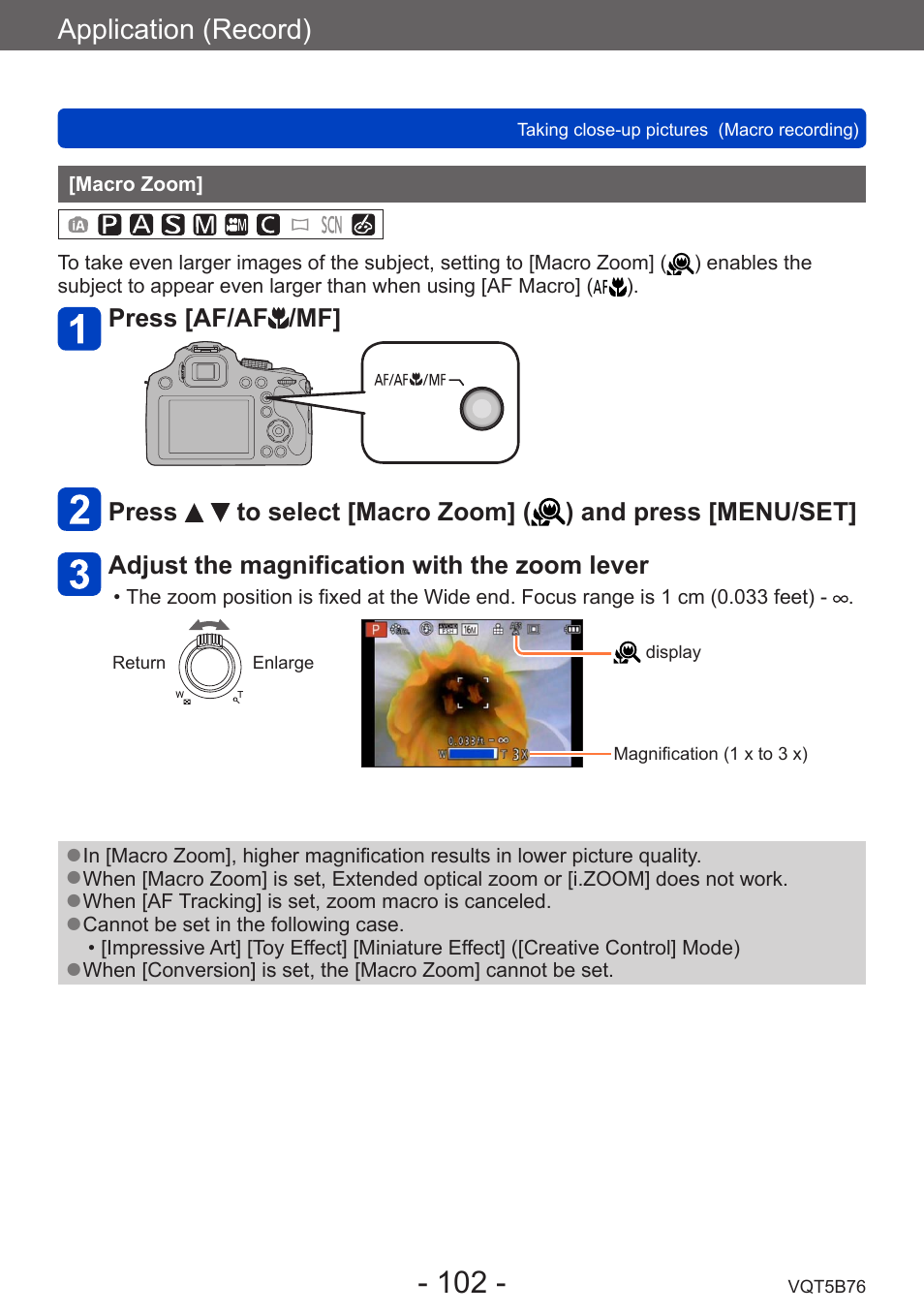Macro zoom, Application (record) | Panasonic DMC-FZ70K User Manual | Page 102 / 226