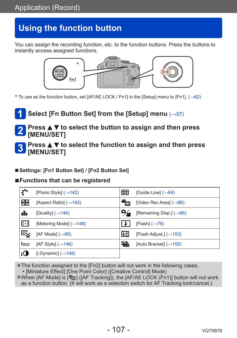 Using the function button, Application (record), Select [fn button set] from the [setup] menu | Panasonic DMC-FZ70K User Manual | Page 107 / 226