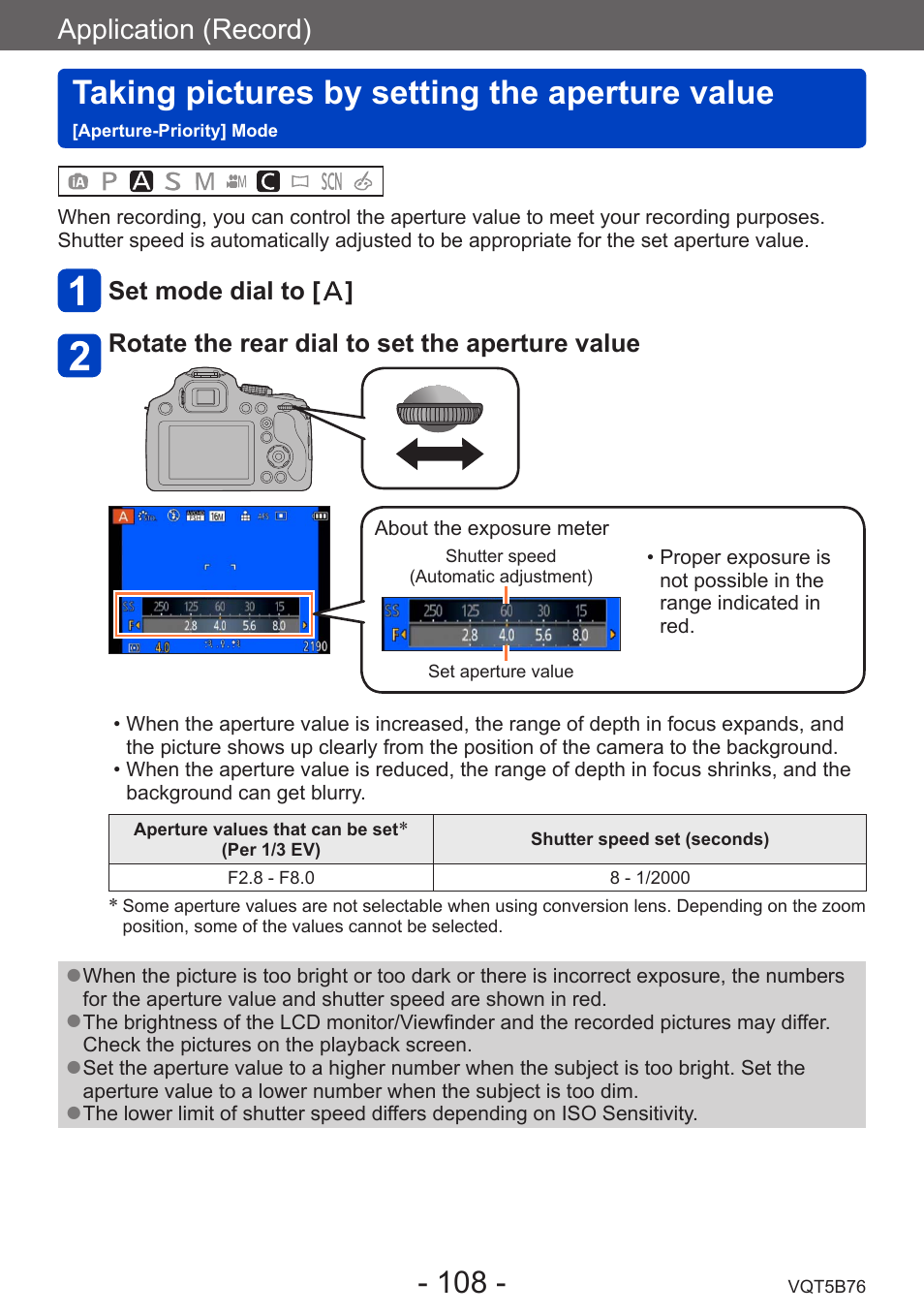 Taking pictures by setting the, Aperture value, Aperture-priority] mode | Taking pictures by setting the aperture value, Application (record) | Panasonic DMC-FZ70K User Manual | Page 108 / 226