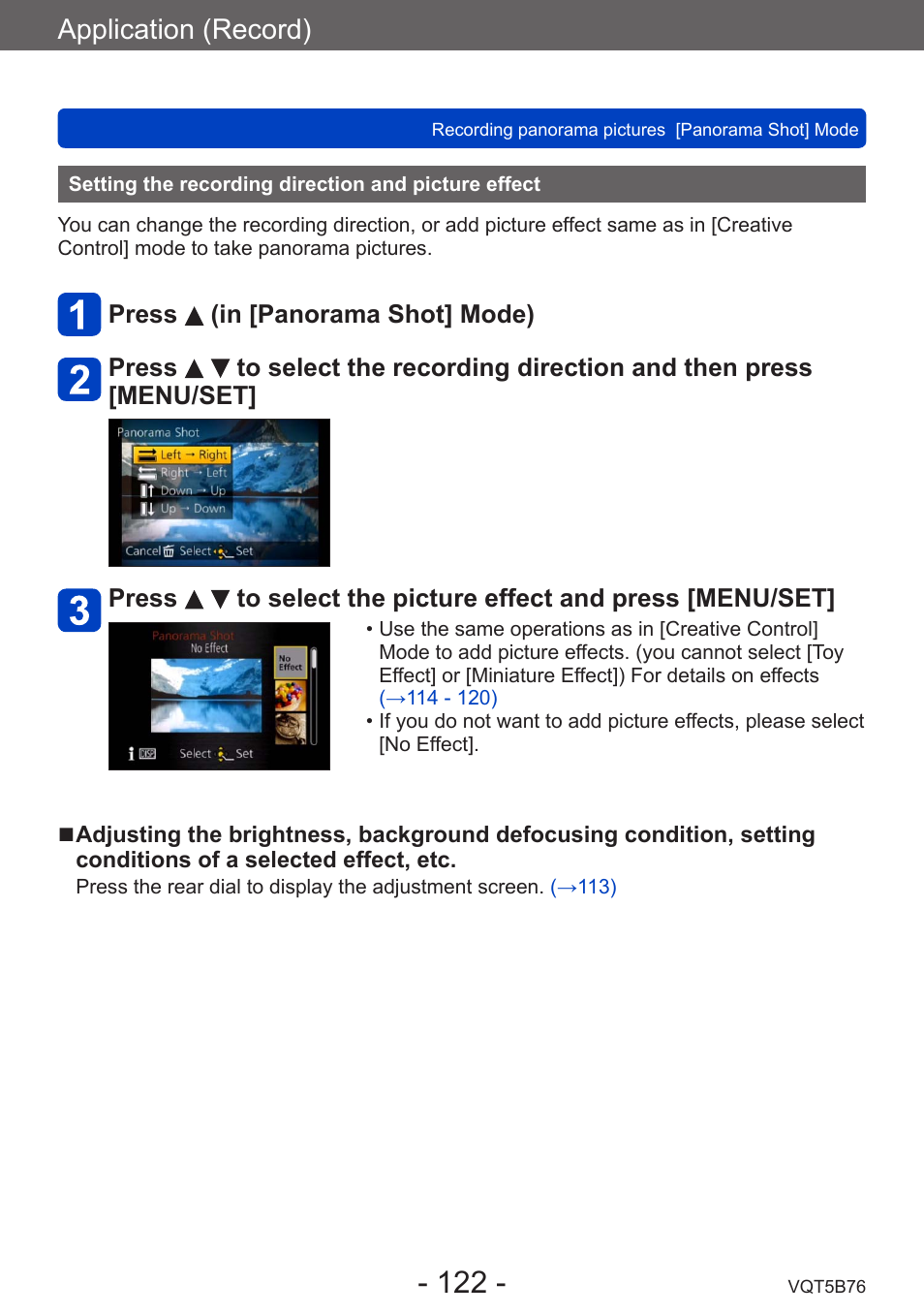Setting the recording direction and picture effect, Setting the recording direction and, Picture effect | Application (record) | Panasonic DMC-FZ70K User Manual | Page 122 / 226